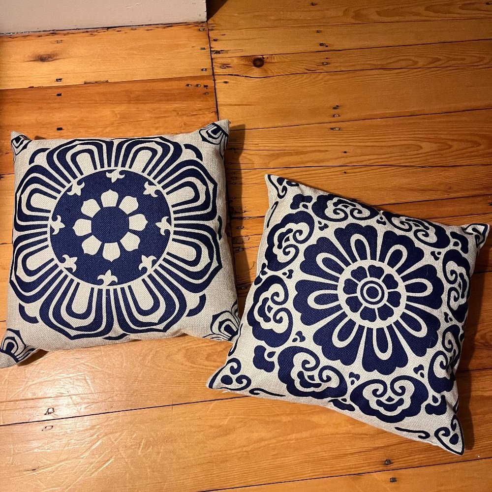NEW Set of two 16" Pillow covers with Blue Design